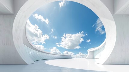 White circular portal opens to a blue sky with clouds.