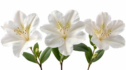 Three Delicate White Flowers Bloom Elegantly on Stems with Lush Green Leaves on White Background