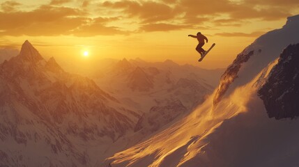 A snowboarder mid-air, performing a stylish trick above a snow-covered mountain range, with the sun setting behind, capturing the energy of World Snowboard Day, 