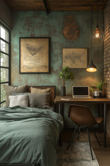 Photographie int&eacute;rieure studio &eacute;tudiant style industriel, murs en briques apparentes, cadre de lit en m&eacute;tal noir, bureau en bois r&eacute;cup&eacute;r&eacute;, &eacute;clairage minimaliste, pour une ambiance urbaine et tendance