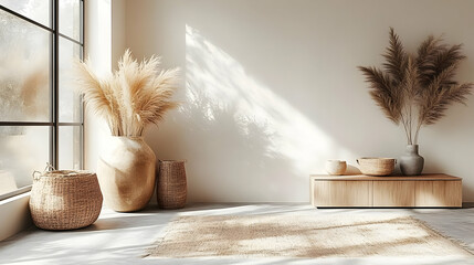 Minimalist Interior Design Showcases Natural Decor Elements in a Sunlit Room with Woven Baskets and Pampas Grass.