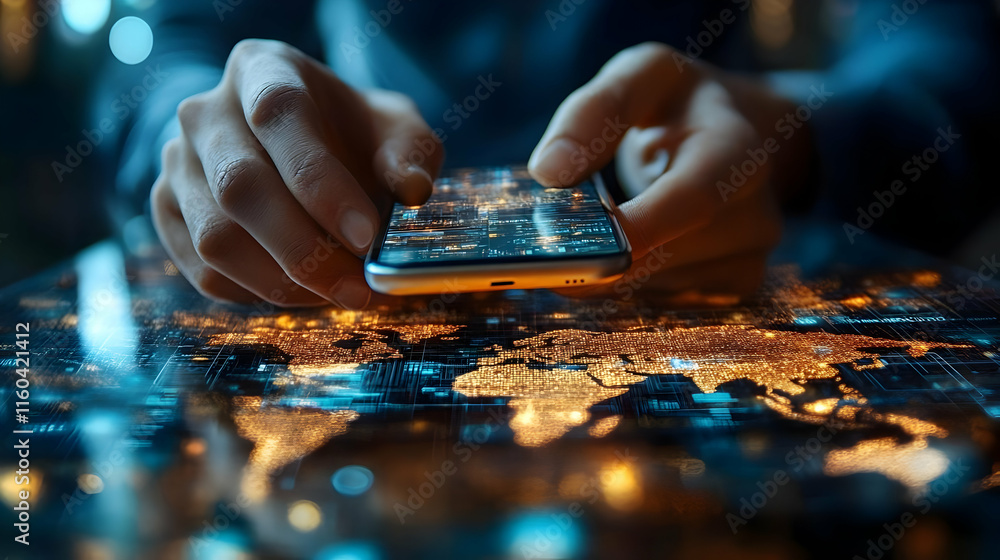 Aufkleber person uses smartphone with futuristic world map interface and interactive data