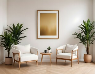 Minimalist Interior Design with Large Golden Frame Mockup and Scandinavian Style Decor