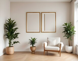 Minimalist Interior Design with Large Golden Frame Mockup and Scandinavian Style Decor