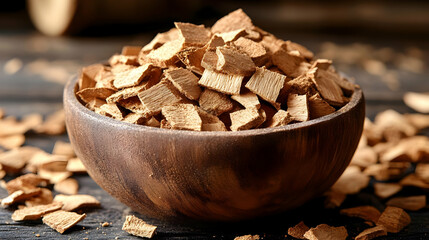 Dried Organic Wood Chips Filling a Wooden Bowl on Rustic Table for Smoking or Flavoring Food