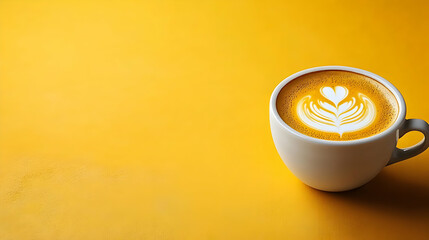 Cup of Coffee with Latte Art sits beautifully on a Vibrant Yellow Surface, a Perfect Morning Beverage.