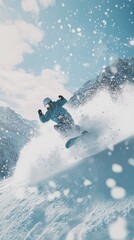 Naklejka premium a snowboarder caught in midair, performing a dynamic spin with snowflakes swirling around them against a mountain backdrop, representing the thrill of World Snowboard Day, 