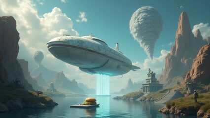 Sci-Fi Spaceship over Lake
