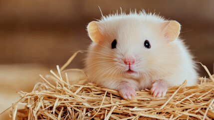 A cute, fluffy hamster rests on a bed of straw, showcasing its round face and curious expression in a cozy environment.