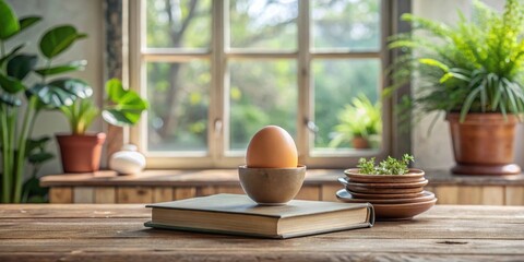 A single brown egg nestled in a rustic cup atop an old book, bathed in soft sunlight streaming through a window, surrounded by verdant potted plants on a weathered wooden table
