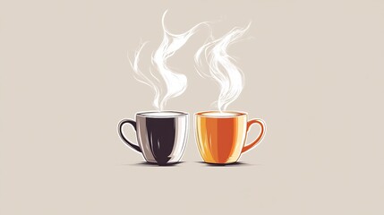 Obraz premium Steaming Coffee Cups: Vibrant Digital Illustration, Minimalist Style. AI Generated