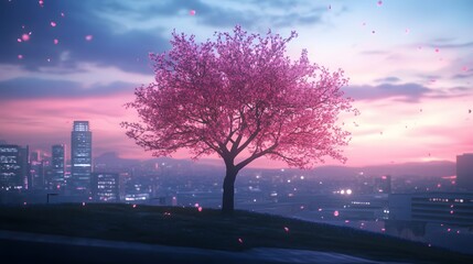 A magnificent and beautiful cherry blossom tree standing alone, with a beautiful view of the city buildings