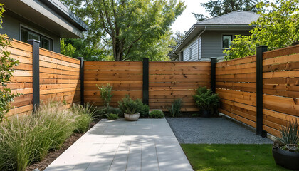 Modern Wooden Fence Encloses a Serene Patio Oasis 