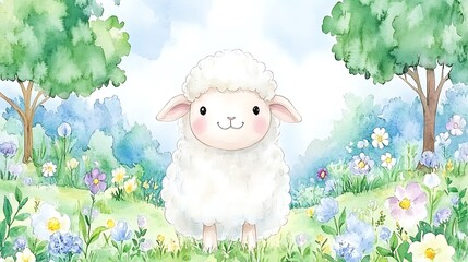 A Cute Little Sheep Smiling Happily in a Colorful Flower Field Surrounded by Lush Green Trees