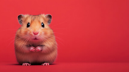 A cute, fluffy hamster with a curious expression sits against a vibrant red background, showcasing its small size and adorable features.