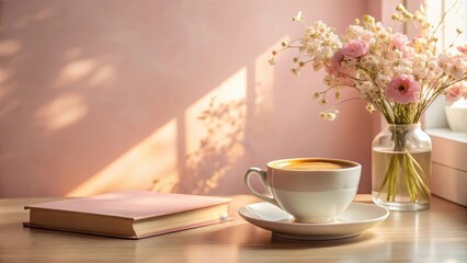 Serene morning ambiance a warm cup of coffee, a book, and delicate flowers bathed in sunlight on a wooden table