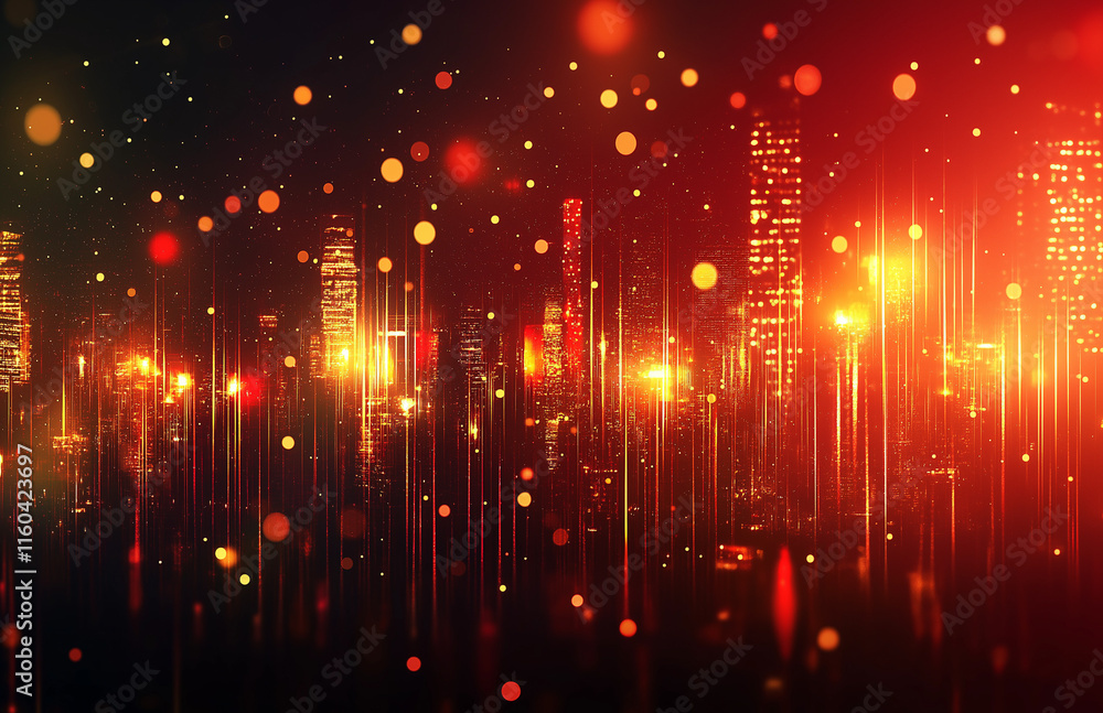 Poster 4-abstract cityscape background featuring bokeh lights and glowing neon effects on a dark red gradie