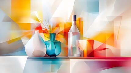 Vibrant Still Life: Abstract Digital Painting of Glassware and Vases in Bold Colors. AI Generated