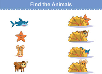 Find Hiding Animals. Child Exercise Sheet with wild animals. Printable worksheet. Cartoon vector illustration