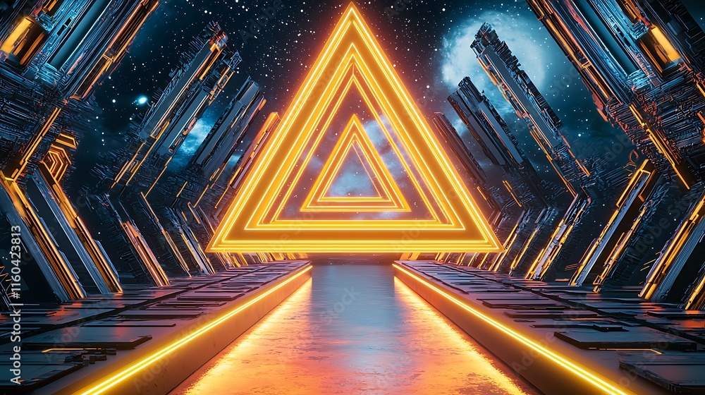 Poster tranquil neon triangles under a starry sky in a futuristic cyber environment with digital power elem