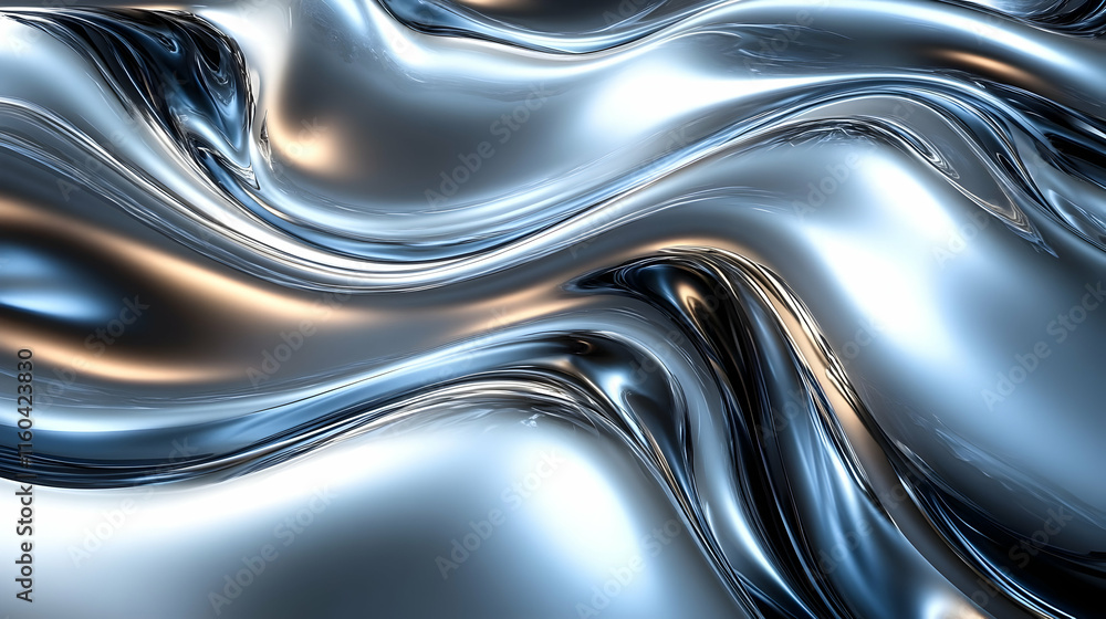Poster abstract metallic waves with smooth, reflective surfaces creating a dynamic visual flow.