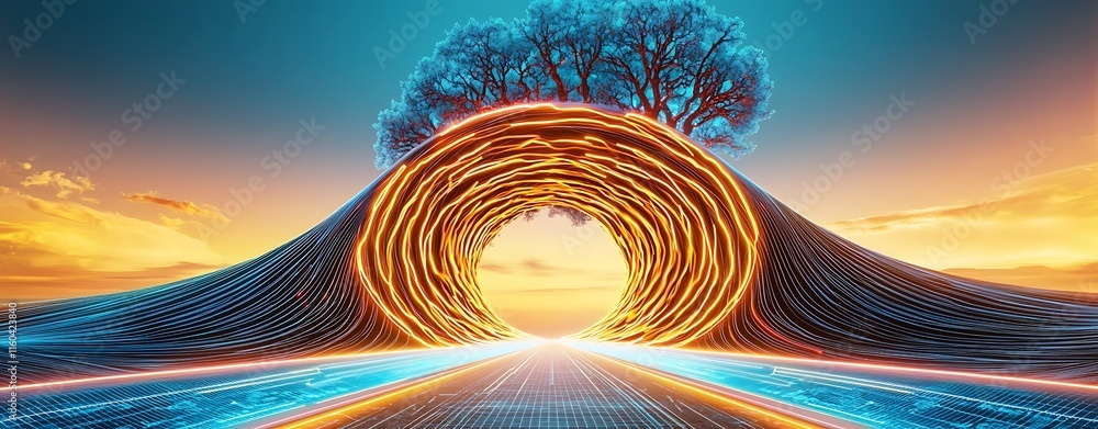 Poster futuristic cyber power dashboard design featuring double exposure of a neon tunnel and tree against 