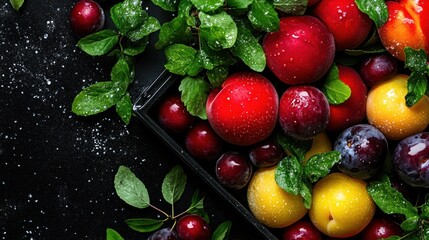 A vibrant assortment of fresh fruits and mint leaves on a dark background.