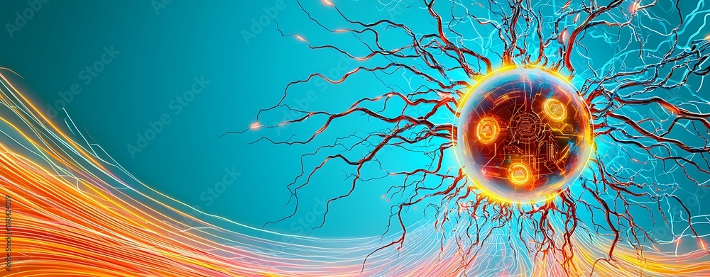 Poster innovative double exposure design featuring cyber power dashboard with abstract energy patterns and 