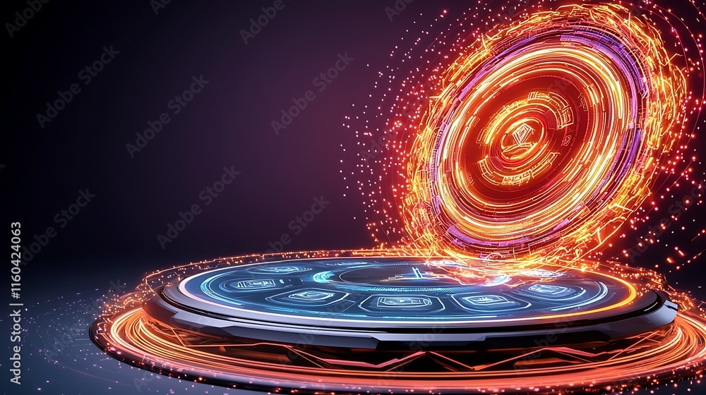 Poster creative double exposure design featuring a cyber power dashboard with dynamic lighting effects and 