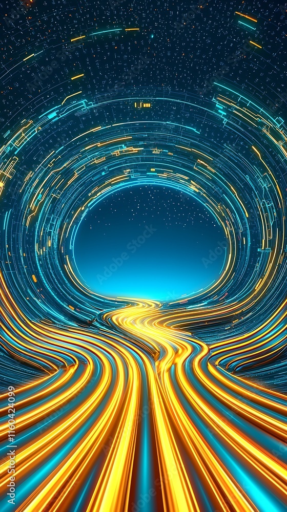 Poster futuristic double exposure cyber power design featuring abstract dynamic lines and starry background