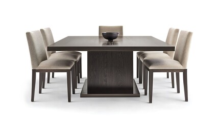 A large wooden table with a bowl on it and six chairs around it