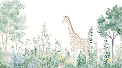 Fototapeta premium A Graceful Giraffe Standing Tall Among Vibrant Flowers in a Lush Green Forest