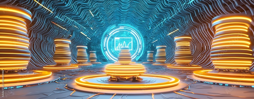 Poster futuristic energy monitoring center with neon highlights and concentric designs for advanced data an