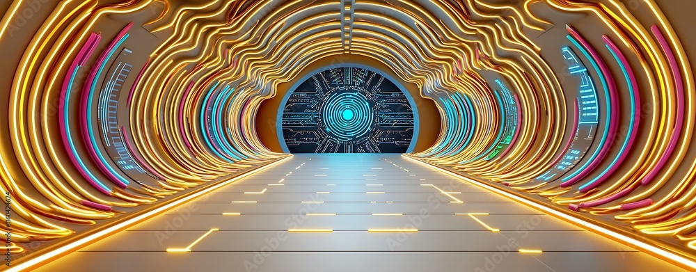Poster futuristic neon tunnel with geometric patterns and energy monitoring concepts, ideal for technology 