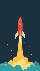 A rocket is launching into space with a blue and yellow background