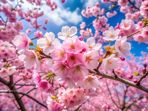 Vibrant pink cherry blossoms in full bloom on a tree branch on transparent background - Powered by Adobe