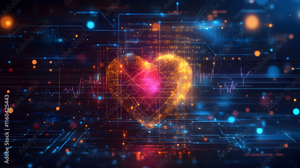 Poster a glowing heart shape surrounded by digital elements and data streams, symbolizing technology and lo
