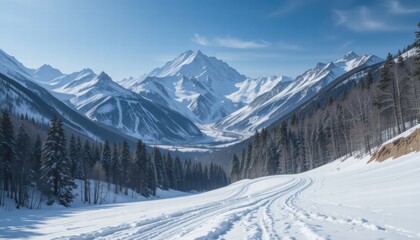 Fototapeta premium A snow covered mountain range with a road running through it