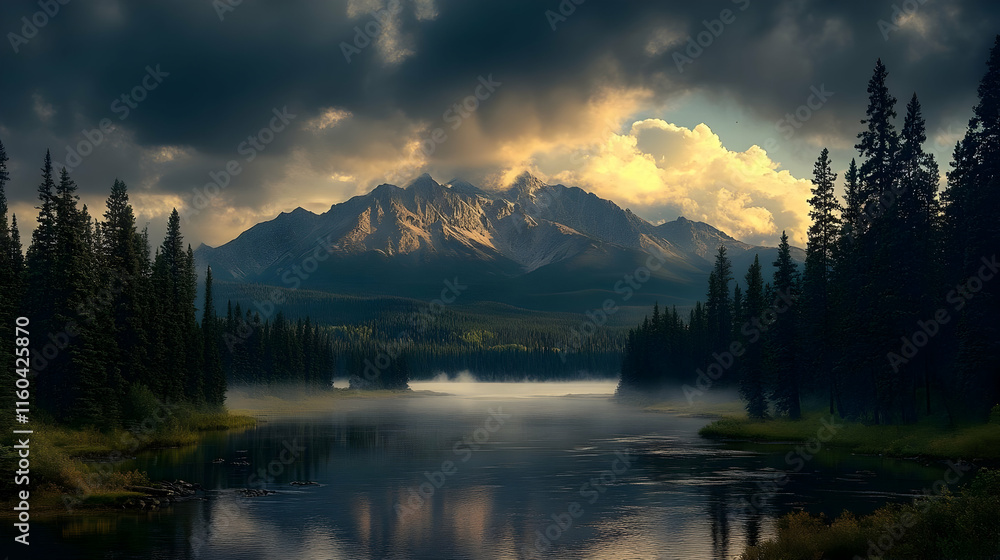 Wall mural Illustration Misty Mountain River Landscape Sunset Clouds Forest Nature