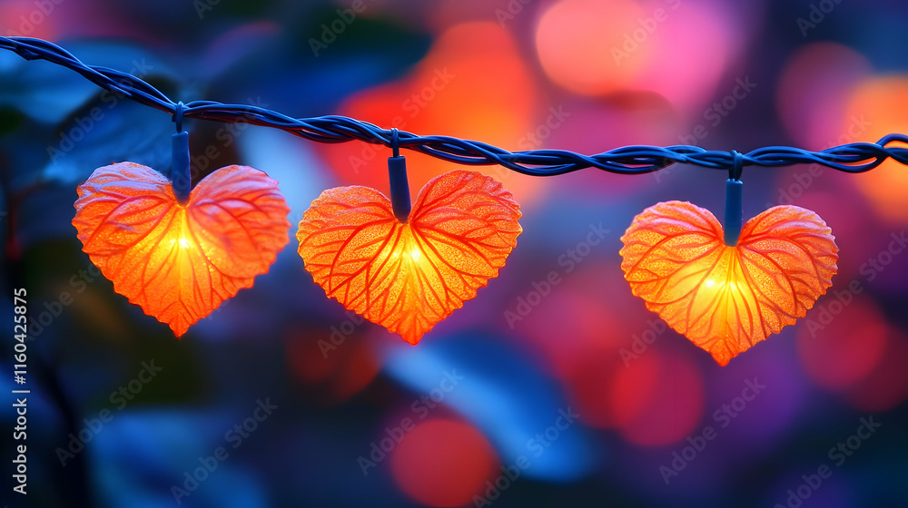 Poster photo - glowing heart-shaped lights on a string with bokeh background