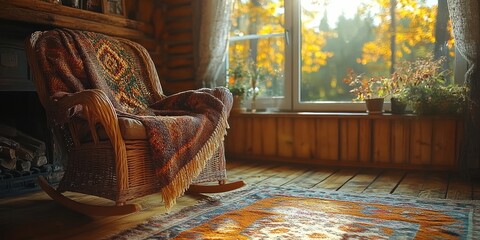 A wooden rocking chair with a colorful blanket, basking in sunlight, set in a cozy, homely atmosphere.