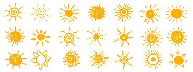 Yellow bright sun sunbeam solar energy electricity doodle sketch collection. Vector weather logo paint illustration set.