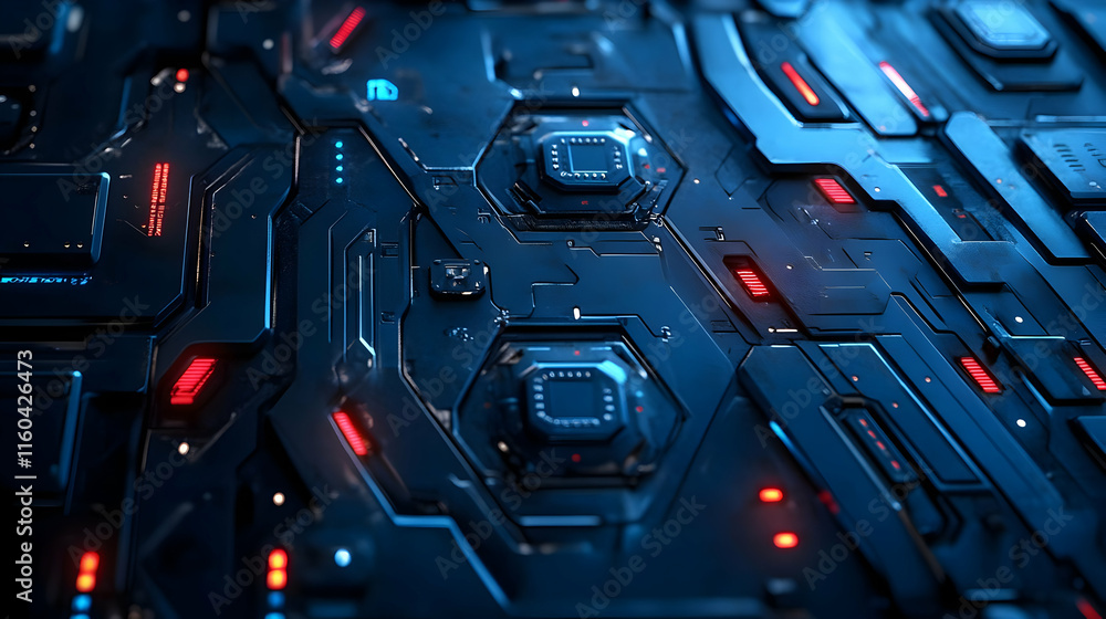 Poster a futuristic, high-tech circuit board design with glowing elements and intricate patterns.