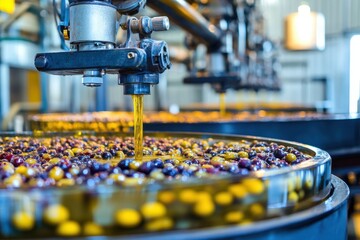 Industrial olive oil extraction process showcasing machinery extracting golden oil from ripe olives in a vibrant production facility environment