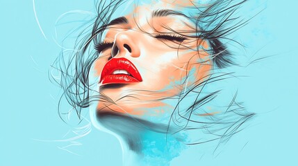 Fototapeta premium Serene Digital Painting: Woman's Face, Gently Blowing Hair, Teal Background. AI Generated