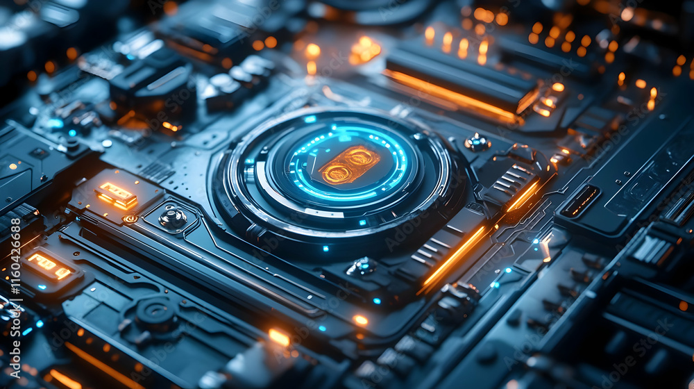 Aufkleber a close-up of a futuristic circuit board with glowing elements and intricate details.