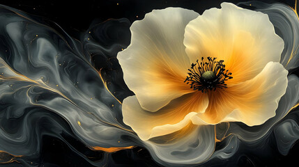 Abstract Illustration - Golden Flower on Black Marble Background