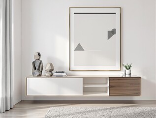 Minimalist home interior design of modern living room. Stylish cabinet near white wall with stone decorative sculpture and big art work in frame.