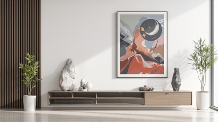 Minimalist home interior design of modern living room. Stylish cabinet near white wall with stone decorative sculpture and big art work in frame.