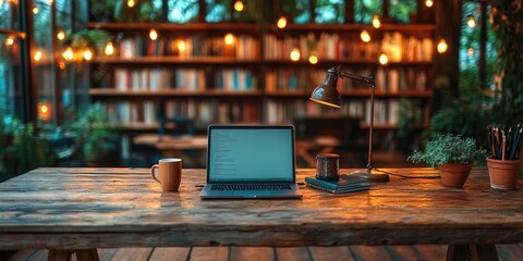 A rustic wooden workspace with a coding laptop and cozy lighting, ideal for focused work and creativity.